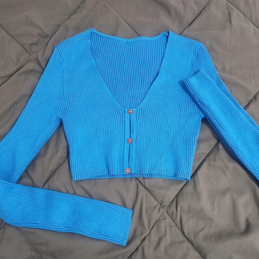 Blue Ribbed V-Neck Button-Up Women's Top